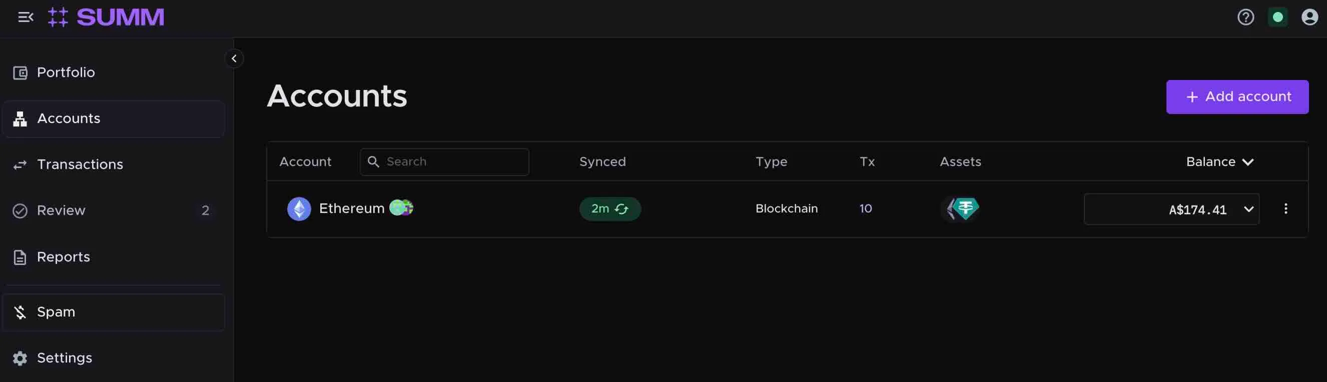 A screenshot showing the Accounts tab of Summ. This is where you can add your exchange and wallet accounts.