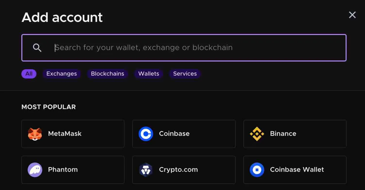 A screenshot of the Add account interface on Summ. This is where you add other crypto accounts that we support, such as exchanges, wallets or DeFi protocols.