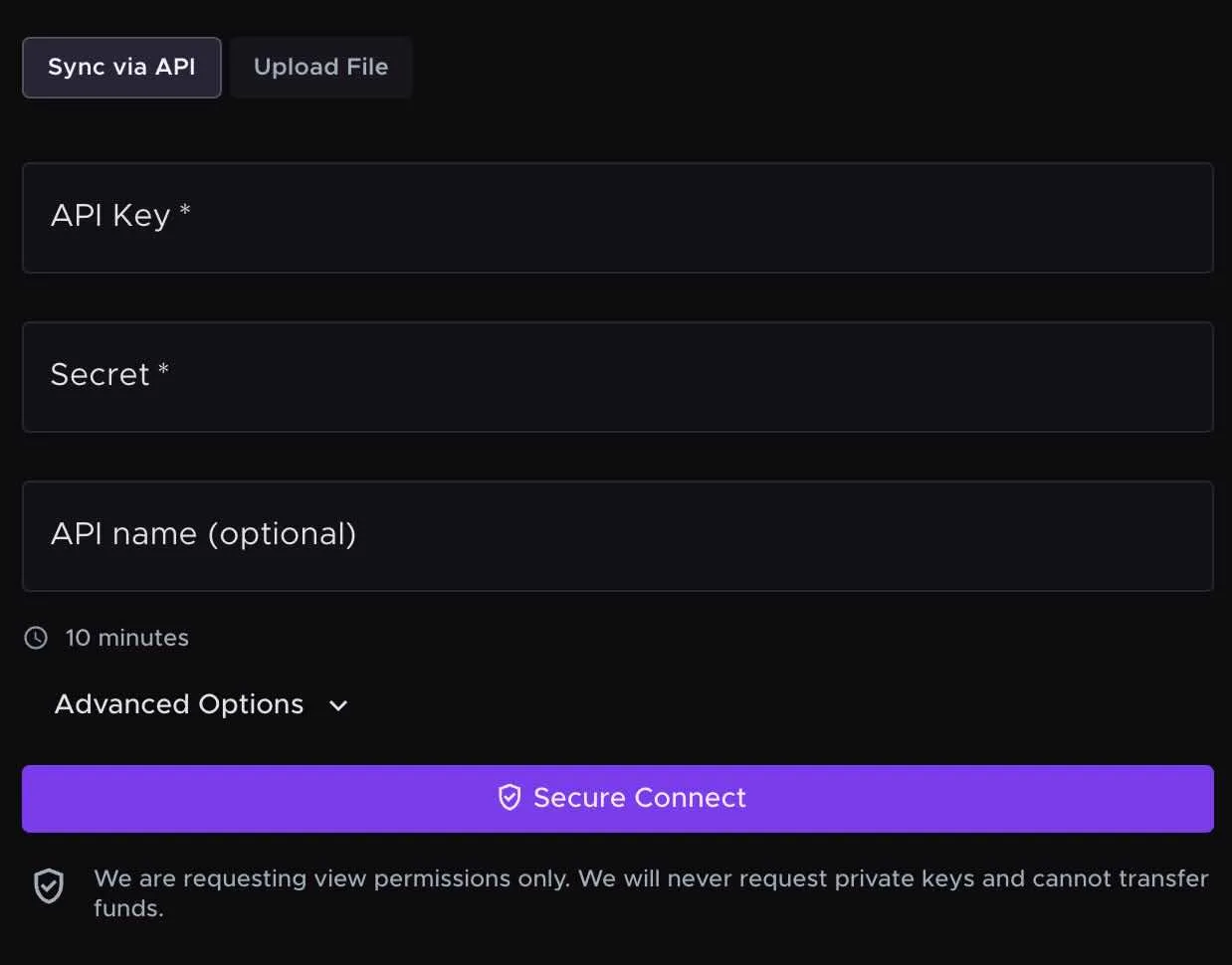 A screenshot of the API connection screen on Summ. You can use this to connect an exchange or wallet via an API. This ensures Summ receives new transactions any time you sync your account.