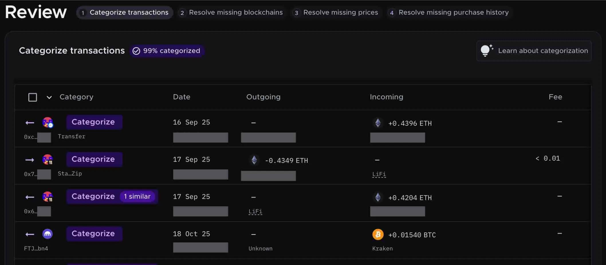 A screenshot of the Review tab on Summ. You can review any transactions that need additional information from you here.
