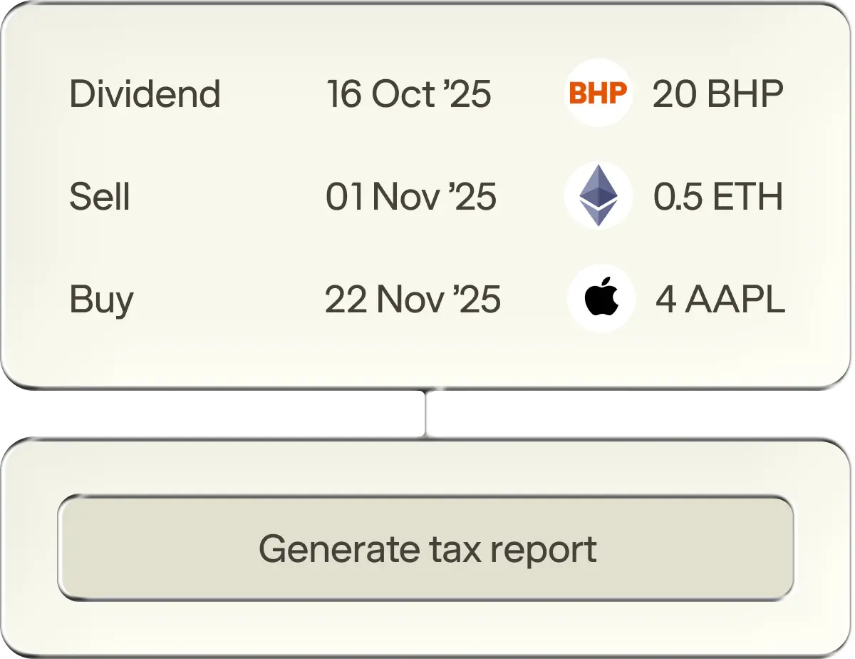 Transactions for a BHP dividend, an Ethereum sale and an Apple share purchase, above a Generate tax report button.
